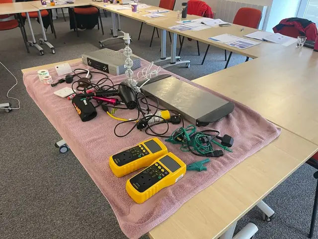 PAT testers and electrical appliances laid out for practical training